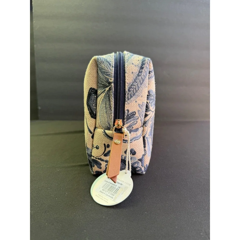 Spartina 449 Floral Linen Cosmetic Bag Blue Cream Toile Makeup Pouch Travel Case